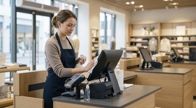 Female retail worker cleaning a touch screen POS terminal. Cashier sanitizing checkout counter in a clothing store