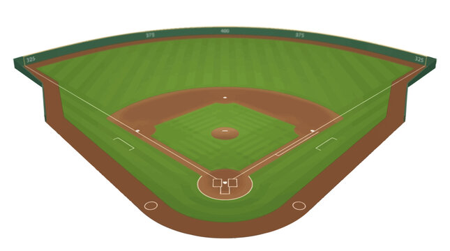 3D isometric illustration of a professional baseball field featuring a green outfield with mowed grass patterns, brown dirt infield, pitcher's mound, and base lines isolated on white.