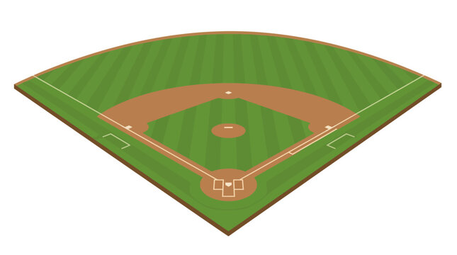 Isometric 3D illustration of a professional baseball field with striped green grass outfield, clay dirt infield, pitcher's mound, home plate, and white base path markings on white.