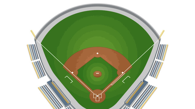 Top-down digital illustration of a baseball stadium diamond, featuring detailed infield dirt, green outfield grass, pitcher's mound, bases, foul lines, and surrounding bleachers.