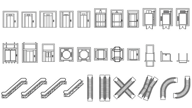 Collection of Architectural Drawing Symbols for Elevators Escalators and Lifts Plan View Icons
