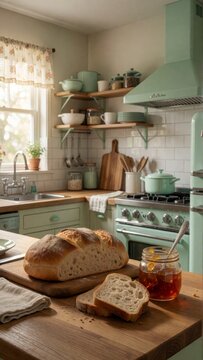 Freshly Baked Bread Loaf on a Wooden Cutting Board in a Cozy Vintage Mint Green Kitchen Interior