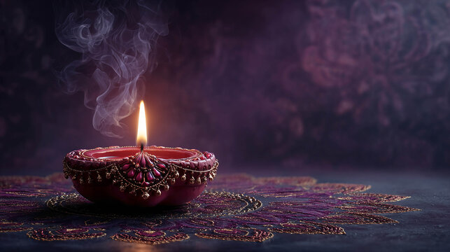 A traditional Indian clay diya lamp with a burning flame and a slight smoke is displayed on a purple background, symbolizing the Diwali festival and spiritual light.