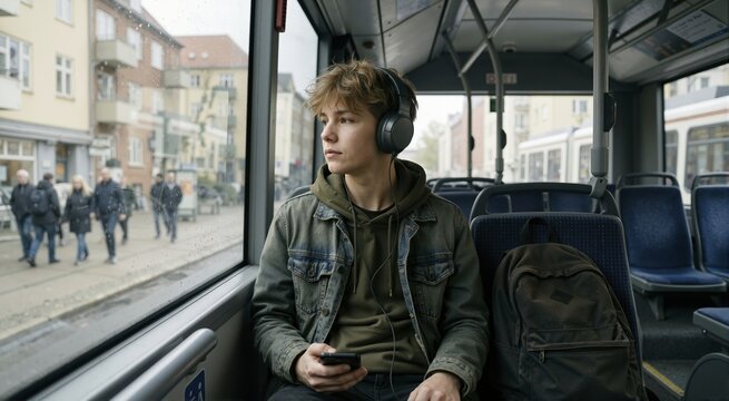 Teenage boy listening to music with headphones on bus. Youth commuter holding smartphone and looking out window