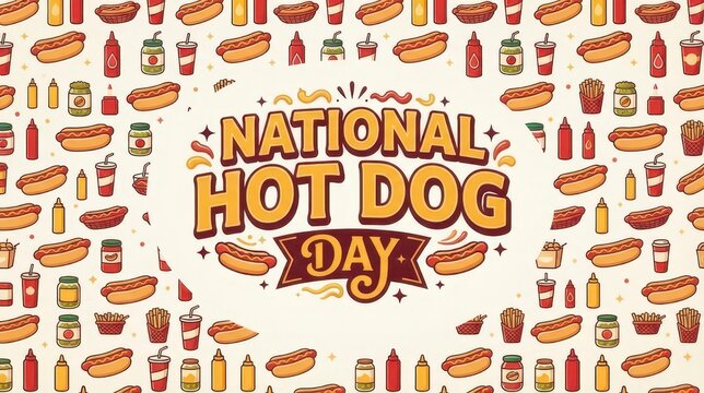 Colorful hot dog themed National Hot Dog Day illustration