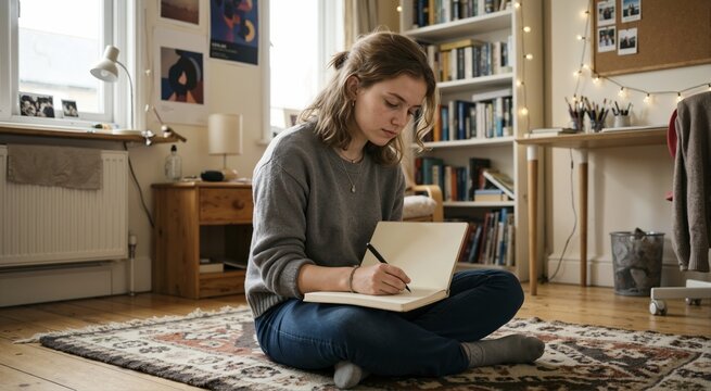 Teenager writing in notebook while sitting on the floor. Young girl studying or journaling in a cozy bedroom with bookshelf. Education and lifestyle concept