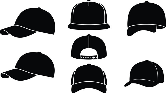 Baseball cap mockup vector icon set black silhouette blank headwear template flat brim snapback technical fashion apparel garment design illustration