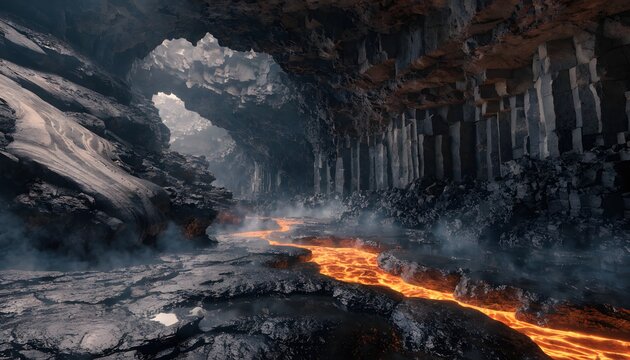 Ancient Volcanic Cave Illuminated by Glowing Molten Lava, Mystical Underground Landscape