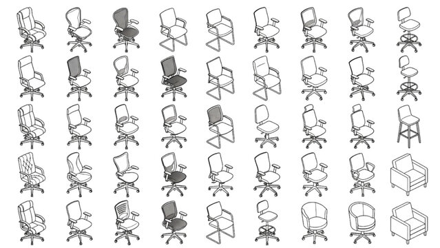 Collection of office and computer chairs in isometric view, line art
