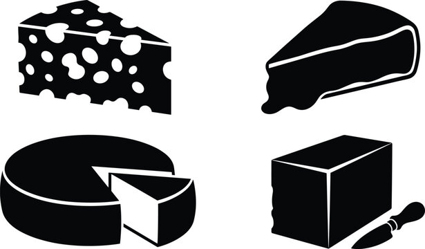 Gourmet cheese icons set featuring swiss maasdam wedge melting brie gouda wheel and cheddar block with spreading knife