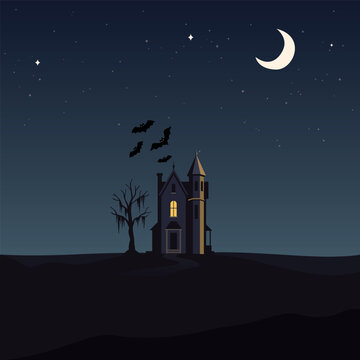 Minimalist countryside landscape at night with silhouette haunted mansion, bats and dead tree on square template have blank space.