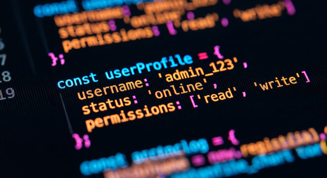 Close up of colorful programming code on a dark computer monitor, software development and digital technology concept.