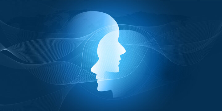 Futuristic vector illustration of two glowing white humanoid robot head silhouettes facing each other, surrounded by interconnected 3d wavy polygonal network mesh nodes. Ideal for AI tech concepts.