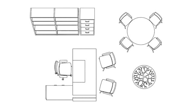 Architecture floor plan furniture icons set with table and chair CAD symbols