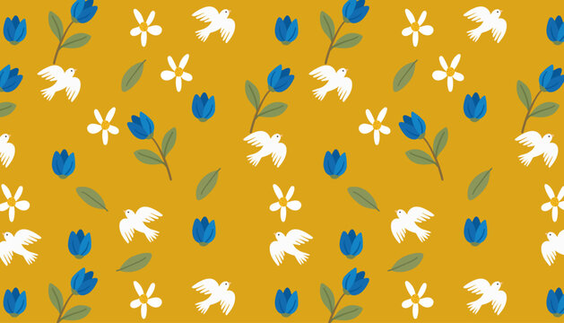 White Dove and Blue Flower Seamless Pattern. Folk Art Floral Backdrop