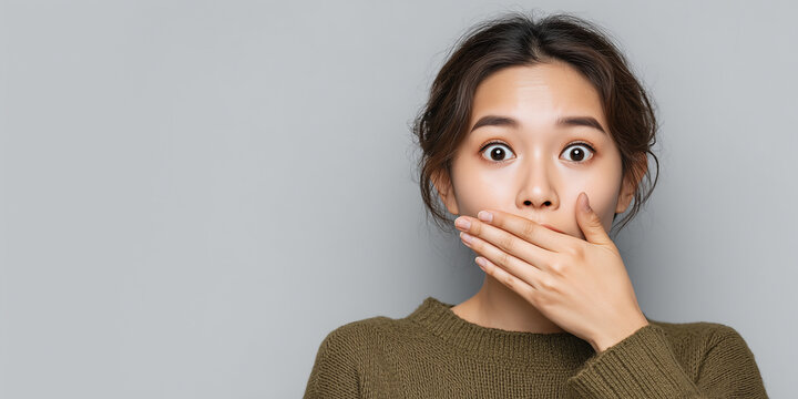 A close-up portrait of a young Asian woman covering her mouth with her right hand in a gesture of shock or surprise against a plain light grey background. Her eyes are wide and her