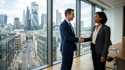Fototapeta premium Two business professionals shaking hands in formal attire, symbolizing successful partnership, agreement and corporate collaboration.