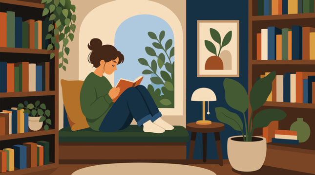 Young woman curled up with an open book in a quiet library window nook, surrounded by shelves, leafy plants and warm lamp light, evoking cozy reading, calm focus and literary escape