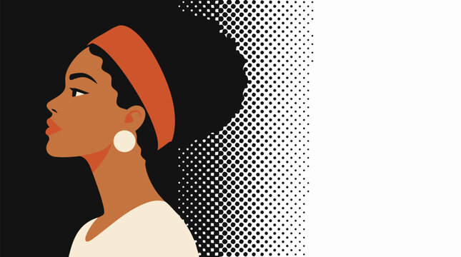 Elegant profile portrait of confident woman with afro headwrap and earrings beside bold black dot halftone gradient fading into white, modern vector banner for beauty, culture, fashion, identity