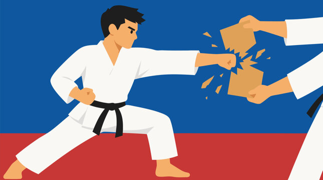 Focused karate martial artist in white gi and black belt breaking a wooden board with a precise punch, dynamic dojo vector illustration of discipline, strength, training, impact and self defense