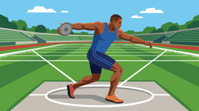 Powerful discus thrower vector illustration of athlete spinning in stadium circle, ready to release disc across track and field arena, dynamic sports competition concept for fitness and athletics