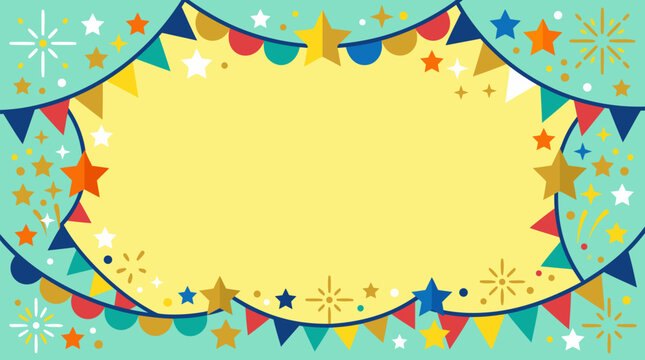 Colorful festive vector border with star garlands, bunting flags and sparkling confetti framing a bright blank center for birthday, carnival, holiday party invitations and cheerful event banners