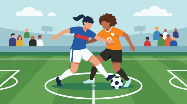 Intense women's soccer match duel with two determined female athletes battling for ball possession at midfield circle, competitive football game with stadium crowd, professional sports action vector
