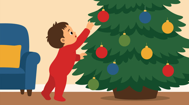Adorable curious toddler in bright red onesie standing on tiptoes reaching for colorful baubles on decorated Christmas tree, cozy living room with blue armchair vector holiday family childhood