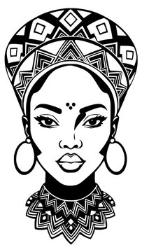 African Woman Portrait in Traditional Headwrap Black and White Tribal Vector Illustration