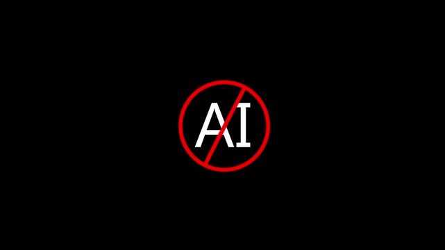 Animation of AI symbol with a bold ban icon, useful for content about protests against AI automation. 4k.