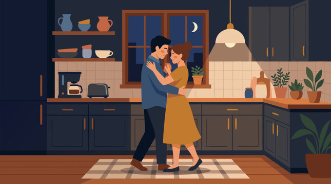 Couple slow dancing in a cozy midnight kitchen, warm pendant light and moonlit window creating intimate romantic home moment, love, togetherness, domestic comfort and quiet everyday connection
