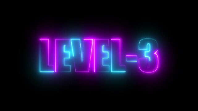 Level -3 neon bright text font, colorful motion animation. Ideal for futuristic game intros animation. Neon level 3 up sing on a black background.4k video.