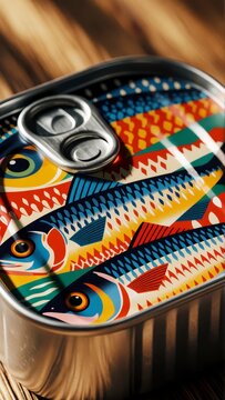 Close up of a colorful sardine tin can with artistic fish illustration on a rustic wooden table
