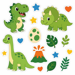 Cute Dinosaur Illustrations: A whimsical collection of cartoon dinosaurs, featuring a T-Rex, a Triceratops, and a Brontosaurus, alongside a dinosaur egg, a volcano, and leaves. © Ahmed