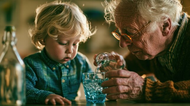 Grandfather pouring fresh water from bottle into glass for his cute little grandson.