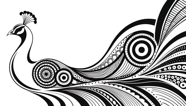 Decorative peacock bird drawing with tribal line art pattern illustration