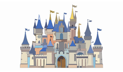 Whimsical Fairy Tale Castle Vector Illustration with Blue Towers and Golden Spires Isolated on White Background © Beauti