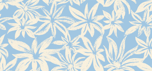 Fototapeta premium Artistic seamless pattern floral chalk texture. White decorative botanical with silhouette shapes of leaves, flowers. Grunge artisanal allover print, vector for fabric, textile, paper, package.