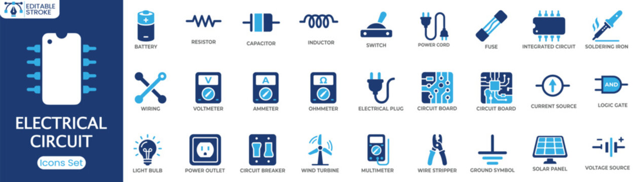 Electrical Circuit icon set. Containing battery, resistor, capacitor, switch, circuit board, multimeter, circuit breaker and more. Solid vector icons collection