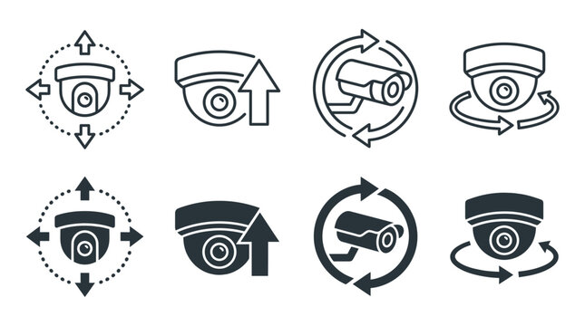 Security camera surveillance system icon set for monitoring and protection with security surveillance monitoring