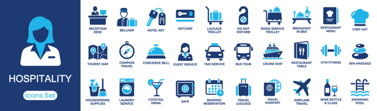 Hospitality icon set. Containing reception desk, hotel key, concierge service, room service, booking reservation and more. Solid vector icons collection