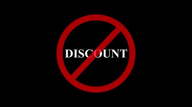 A circular red and discount text icon animation. stop, not allowed and ban concept animation on black background. 4k video