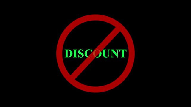 A circular red and discount text icon animation. stop, not allowed and ban concept animation on black background. 4k video