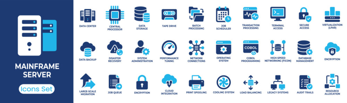 Mainframe server icon set. Containing data center, data storage, batch processing, system administration, database management and more. Solid vector icons collection
