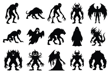 Fototapeta premium Set of halloween monster silhouettes, scary creatures and demons