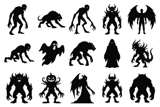 Set of halloween monster silhouettes, scary creatures and demons