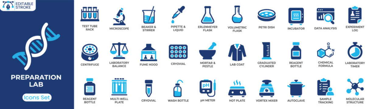 Preparation lab icon set. Containing microscope, test tube rack, Erlenmeyer flask, pipette, pH meter and more. Solid vector icons collection