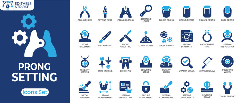 Prong setting icon set. Containing prong pliers, gemstone loupe, stone placement, quality check, ring mandrel and more. Solid vector icons collection