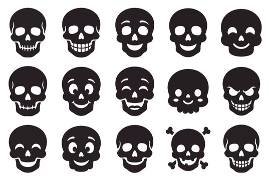 Set of cartoon skull icons with different facial expressions