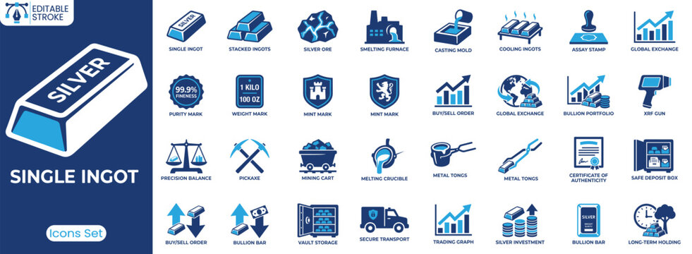 Silver ingots icon set. Containing silver ore, smelting furnace, casting mold, bullion bar, secure transport and more. Solid vector icons collection